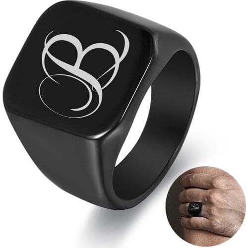 Initial Letter Signet Ring for Men Women Name Engraving Stainless Steel Finger Knuckle Engagement Band Ring Black Color LHR449