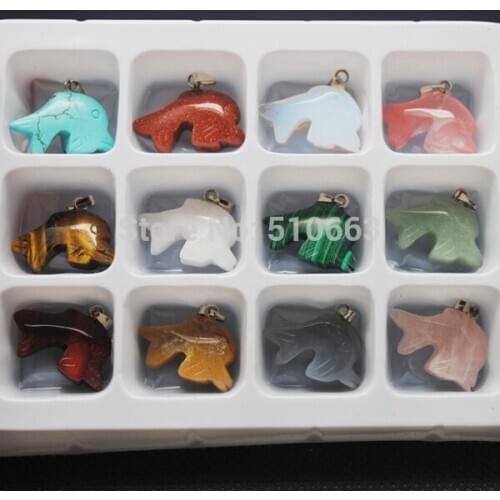 Stone Box (12 Pieces)/Lot,Nature Gem Stone Pendant,Dolphin Shape,Stone Collection,Semi Precious Stone,Size: 13x25mm