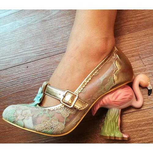 Fashion Sweet Girl Bling Sequins Embroidery Flamingos Strange Heels Bowtie Pumps Sexy Women Round toe Wedding High Heels Shoes