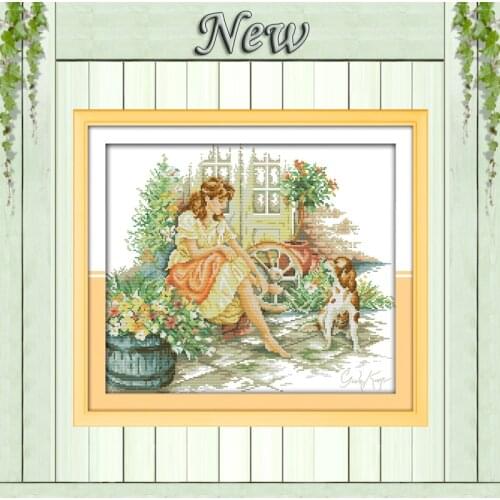 The sabbatic girl and dog garden 11CT patterns printed on canvas 14CT needlework diy dmc cross stitch chinese Set Embroidery kit