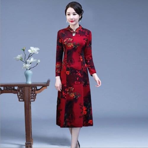 Cheongsams Dress Big Red Plus Size Autumn Long Sleeved Qipao Chinese Style Traditional Robe Orientale Retro Vestidos Chino Mujer