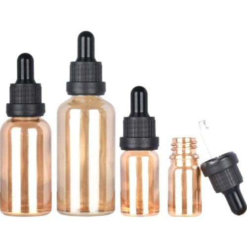 15pcs Empty Amber Gold Glass Essence Refillable Bottle Essential Oil Dropper Vials Black Lid Cosmetic Container 5ml-100ml
