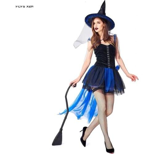 Blue Lace Skirt Woman Halloween Sorceress Costumes Female Gothic Witch Cosplay Carnival Purim Parade Nightclub Bar Party Dress