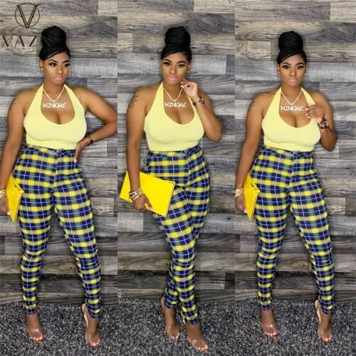 VAZN 2021 Hot Yellow Overalls Joker Young Sweet Halter Sleeveless Plaid Long Pencil Pants Skinny Women 2 Piece Set