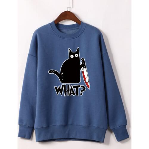 Little Black Cat And Knife Sweatshirt With Hooded Woman Plus Size Aesthetic Hoodie Womens Warm Fashion Female O-Neck Hoodies
