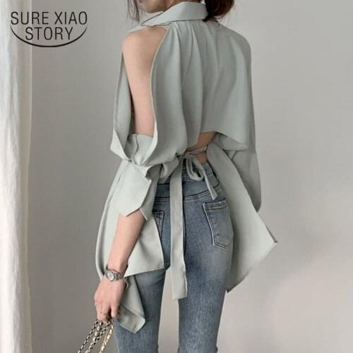 2021 Women Blouse New Lady Hollow Out Turn Down Collar Fashion Shirts Chic Blusa Off Shoulder Autumn Summer Solid Tops 12136