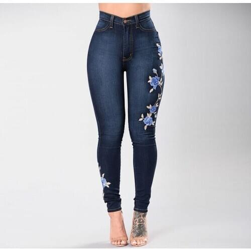 Stretch Embroidered Jeans For Women Elastic Blue Flower Jeans Female Pencil Denim Pants Rose Pattern Pantalon Femme