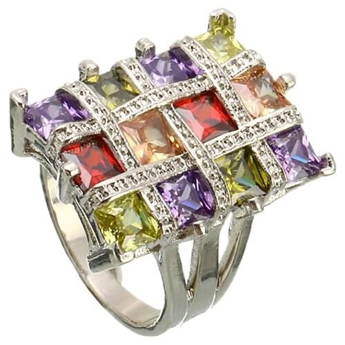 Colorful Rainbow Square Cubic Zirconia Ring Engagement Ring Fashion Luxury Finger Rings For Women Size 6 7 8 9 10