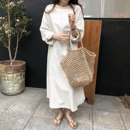 Johnature 2021 New Striped Loose Women Dress Spring Autumn Korean Casual O-neck Pockets Female Dresses