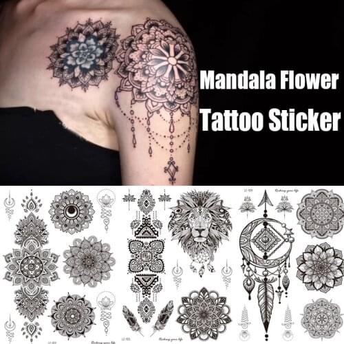 1pcs Waterproof Black Temporary Tattoo Sticker Retro Hand Back Pattern Tattoo Sticker Mandala Flower Clavicle Temporary Tattoo