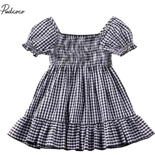 2020 Summer New Plaid Dress For 0-5Y Kids Short Puff Sleeve Ruffle Pleated Party Girls Dress Toddler Kids Baby Girl Clothes