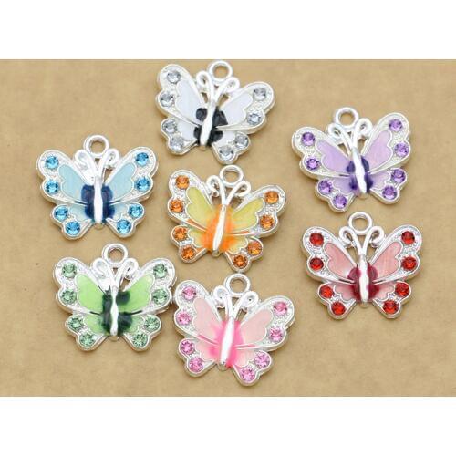 7pcs/lot Silver Plated Enamel Crystal Butterfly Charms Pendants for Jewelry Making DIY Handmade Craft Accessories 21x22mm