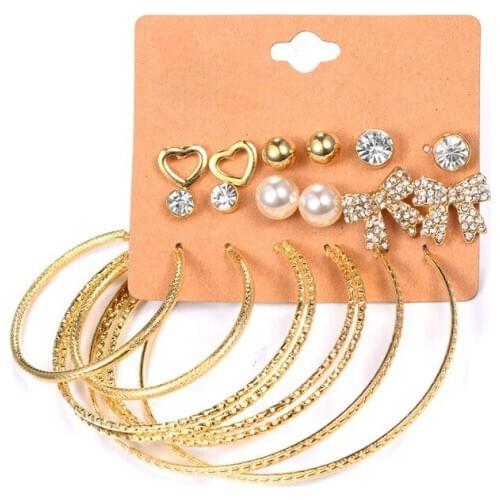Fashion Ladies Charm Crystal Bow Pearl Earring New Design Large Jewellery Stud Earrings Hoops 9 Pieces Earrings Set