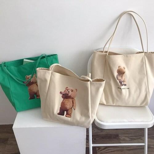 Women Big Canvas Shopping Bag Cute Bear Extra Large Books Tote Reusable Grocery Bag Eco Shopper Shoulder Bags For Ladies