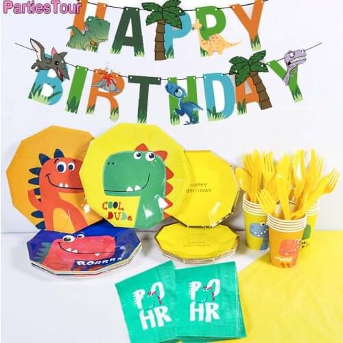 Dino Disposable Tableware Dinosaur Theme Party Paper Plate/Cup/Napkin For Baby Shower Gifts Kids Jungle Birthday Party Decor