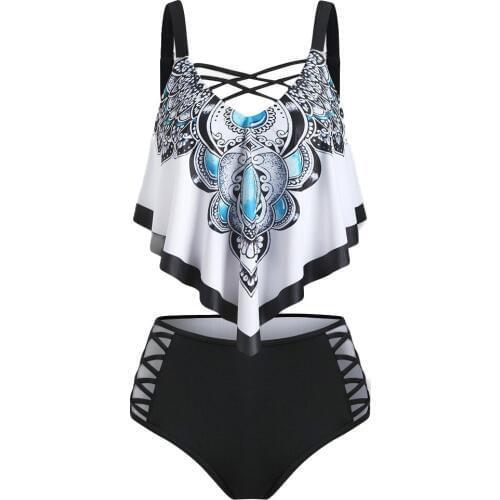 #H40 Women Boho Style Bikini Set High Waist Bikini Push Up Bikini Set Bathing Suit Overlay Crisscross Tankini Swimwear Swimsuit