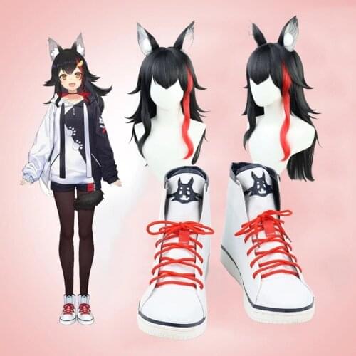 Hololive Youtuber Ookami Mio Cosplay Shoes Boots Wig Black Red Highlight Long Neta Wolf Girls Cosplay Synthetic Hair Party Prop
