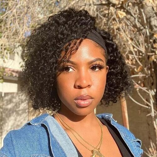Short Bob Full Machine Made Headband Wigs Jerry Curly Brazilian Remy Hair Wig 150% Density Natural Hairline With Scarf 8-14 Inch