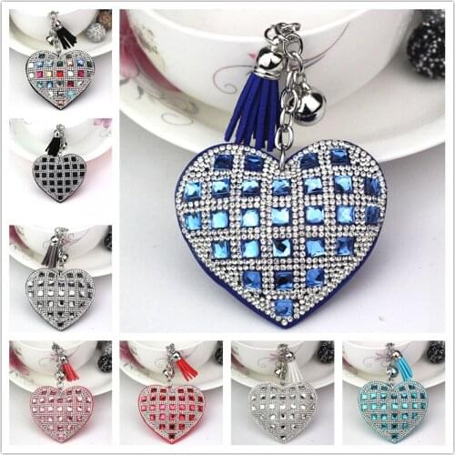 Fashion Velvet Glass Diamond Peach Heart Keychain Mosaic Leather Tassel Love Keychain Car Ring Cap Gift