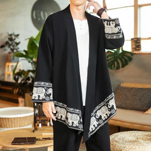 Men Cotton Linen Long Cardigan Jacket Chinese Style Male Fashion Casual Loose Windbreaker Kimono Shawl Outerwear Coat KK3151