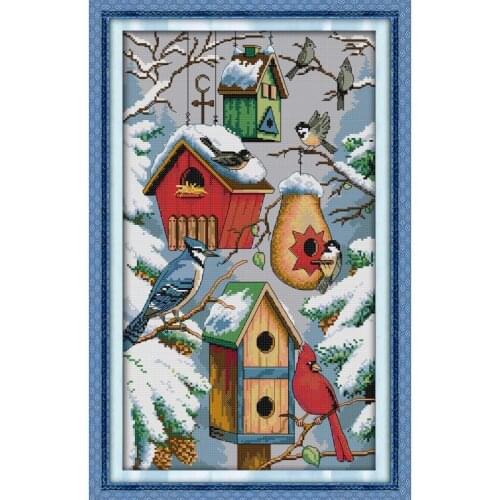 DIY winter bird house pattern Cross stitch kits 14CT 11CT counted canvas printing embroidery Needlework sewing set Fabric crafts