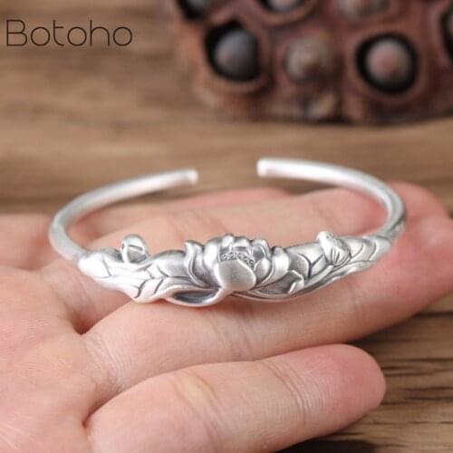 Real Pure 999 Silver Lotus Bangles Flower Cuff Bracelets for Women Jewelry Adjustable Bangle Sterling Silver Thai Silver