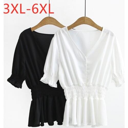 New 2021 Ladies Summer Plus Size Tops For Women Large Blouse Short Sleeve Slim Ruffle White Chiffon V-neck Shirt 3XL 4XL 5XL 6XL