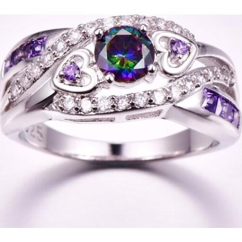 New Arrival Oval Heart Cut Design Multicolor & Purple White CZ Silver Ring Size 6 7 8 9 Fashion Women Jewelry Gift
