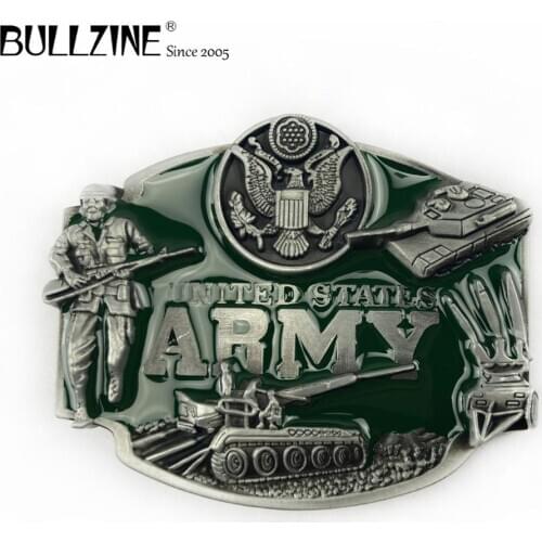 Bullzine wholesale US army belt buckle with green enamel with pewter finish FP-02236 suitable for 4cm width belt