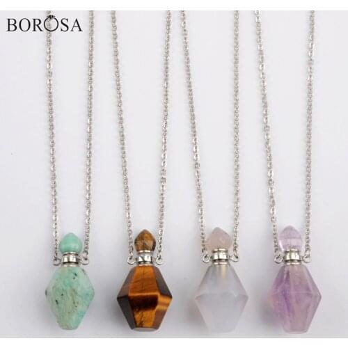 Rhombus Natural Stones Perfume Bottle Necklace Pocket Amethysts Amazonite Crystal Quartz Pendant Necklace Women Jewelry WX1610