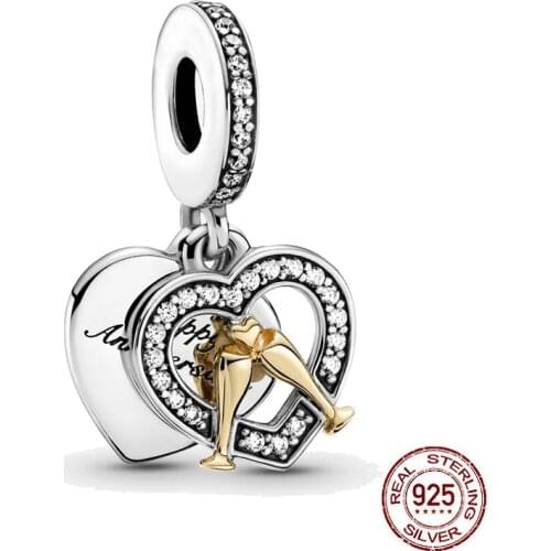 2021 Newest 925 Sterling Silver Two-tone Happy Anniversary Dangle Charm Fit Original Pandora Bracelets Women Diy Jewelry Making