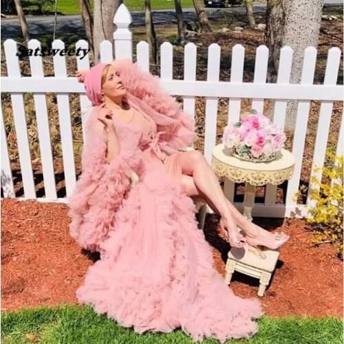 Sexy Blush Pink See Through Long Prom Dresses With Puff Full Sleeves Prom gowns Ruffles Tiered Pregnant Woman Long Robe