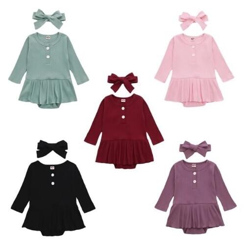 Toddler Baby Girls Knitted Dress Solid Color Long Sleeve Ruffle Hem One-Piece Button Romper