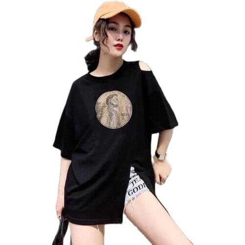 Fashion Tshirt Women 2021 New Summer Style Personality Design Half-Sleeved T-Shirt Women Loose Hem Split Off-Shoulder Top