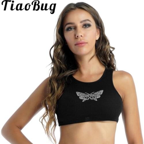 Womens Fashion Tank Top Stylish Sparkly Rhinestone Butterfly Sport Running Cropped Club Ribbed Vest Tops Club Party Clothes