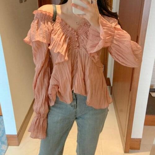 Women Spring Sexy Ruffle V Neck Chiffon Blouse Long Sleeve Shirt Casual Tops