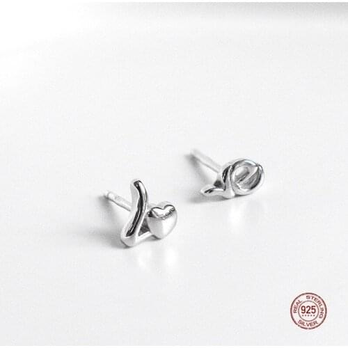 LKO 925 Sterling Silver Originality Letter Love Asymmetry Earrings Fashion Delicate Elegant Stud Gift For Girlfriend