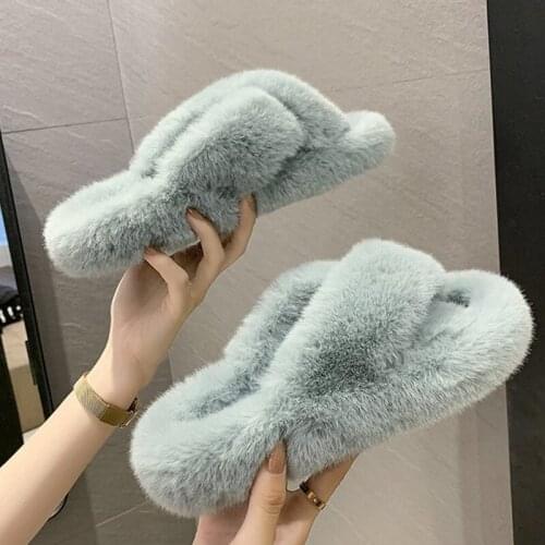 2021 Winter Women Slippers Faux Fur Fully Wrapped Sole Vamp Furry Slippers Black Female Warm Flats Large Size Slides Cozy Home