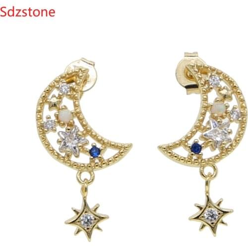 Sdzstone High Quality Mini Tiny Cute Blue Zirconia Moon Star Earring Stud White Opal Stone Women Minimal Earring
