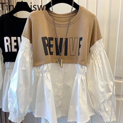 Tinomiswa Letter Printed Sweatshirts Women Patchwork Contrast Color Casual Long Sleeve Hoodies O Neck Loose Ladies Tops New