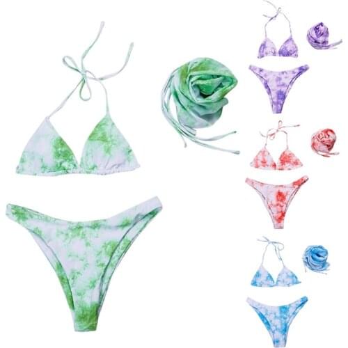 Womens Sexy Tie-Dye Print 3pcs Bikini Set Halter String Triangle Swimsuit with Cover Up Sarong Wrap Skirt Bathing Suit