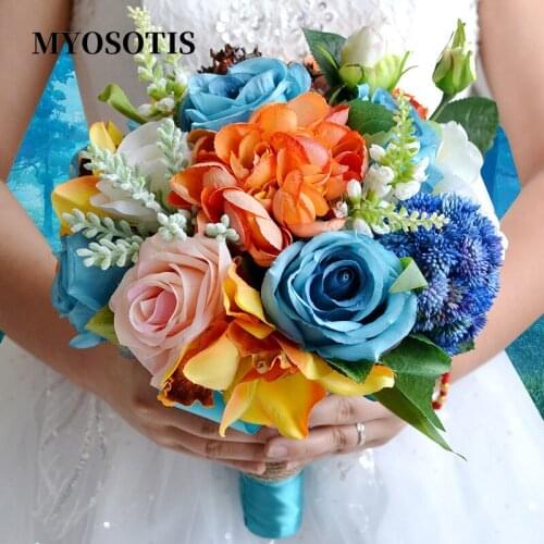 Royal Blue Orange Bridal Bouquet Round Peony Rose Silk Wedding Flowers Artificial Handmade Elegant Bride Bouquet de novia