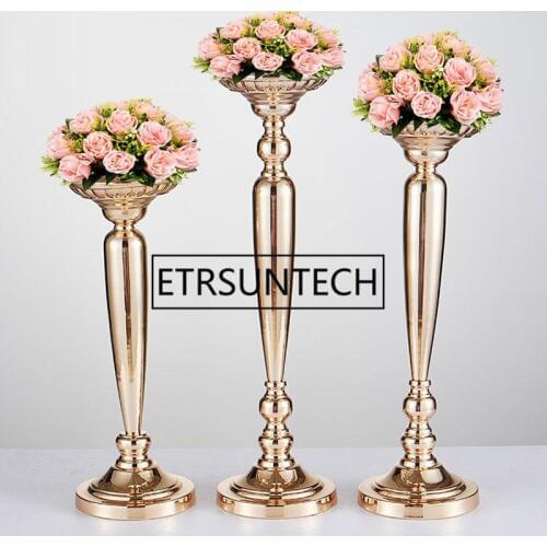 10PCS/LOT Metal Gold Candle Holders Road Lead Table Centerpiece Stand Pillar Candlestick For Wedding Candelabra Flowers Vases