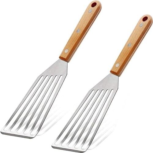 2 Pcs Fish Spatulas,Slotted with Wooden Handle,Stainless Steel Kitchen Tool Nonstick Fish Flipper for Frying,Grilling