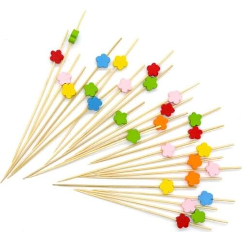 Free Shipping Party Suppliers Disposable Tableware, 120mm Cocktail Ball Bamboo Pick Silver Mulitcolor Flowers Skewer, 100/Pack
