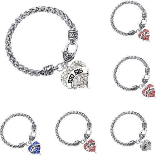 Bespmosp Pink Clear Crystal Heart Baby Little Middle Big Sister Sis My Girl Knit Bangle Bracelet Rhinestone Family Girls Gifts