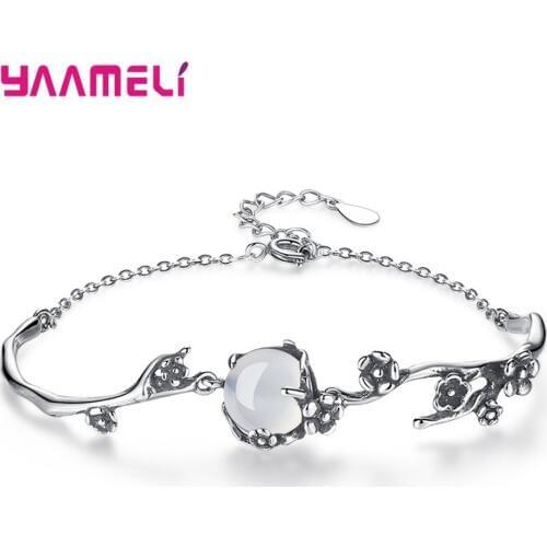 S925 Silver Bracelets Bangles Pretty Plum Blossom Flower Natural Crystal Charms Jewelry for Women Girls Birthday Gift