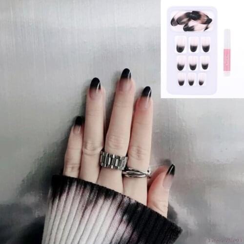 24Pcs Artificial Black Gradient Fake Nails Full Cover Extension Tips With Glue
