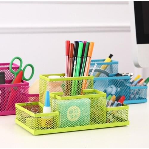 Metal Wire Mesh Pen Holder Pencil Container 4 Divided Compartments Desktop Accessory Stationery Organizer Storage Basket Box Hom