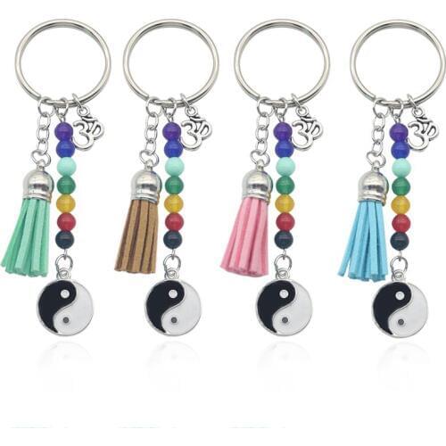 Trendy Rainbow Round Keychain Tai Chi Yin Yang Colorful Beads Tassel Ribbon Yoga 3D Double Side Metal Key Chain Jewelry Unisex